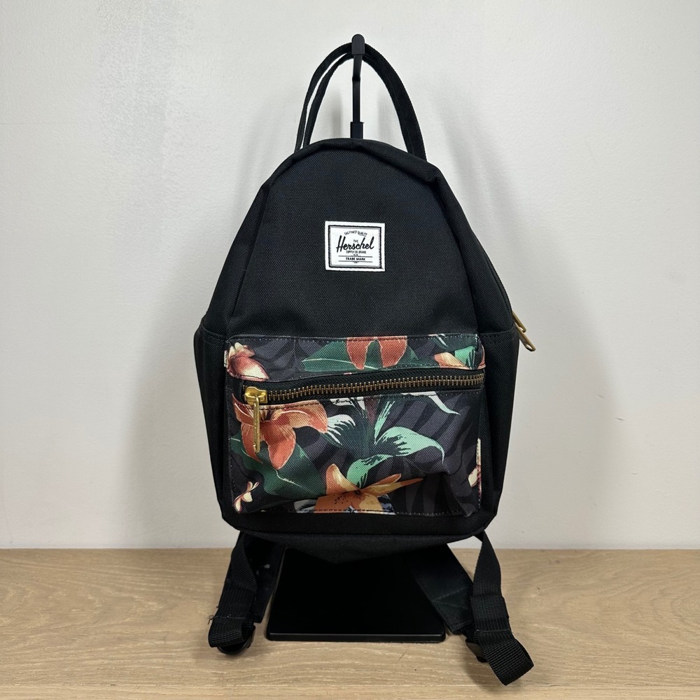Herschel Nova Mini Backpack Black Floral Print Gold Tone Zippers Casual Travel